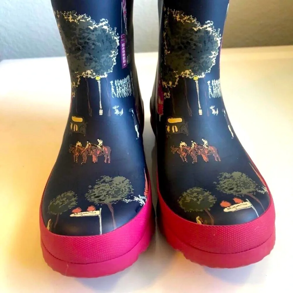NWT JOULES Welly Print Wellies Tall Rain Boots London Scenery Gray/Pink 5